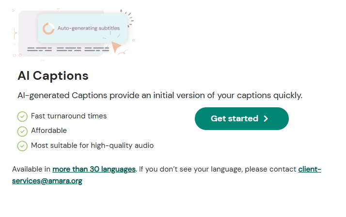 AI Captions section of the AI captions page showing a button labeled Get started.