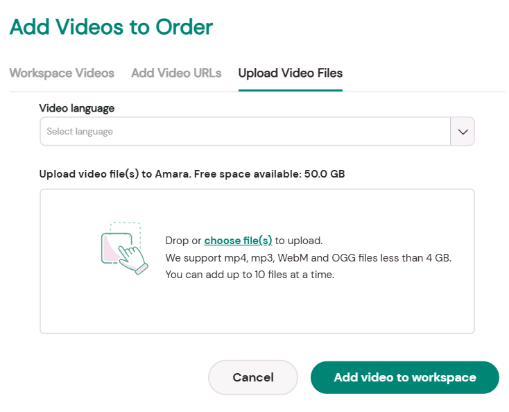 Add Videos to Order popup window, with Upload Video Files tab highlighted.