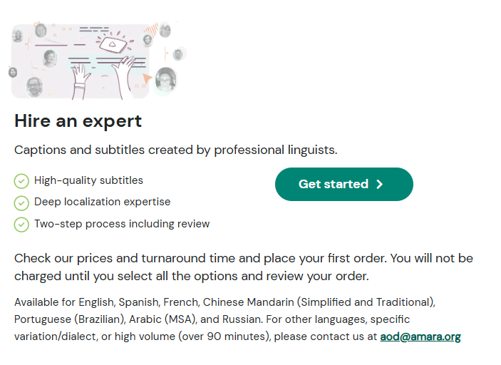 Hire an expert section of the AI captions page showing a button labeled Get started.