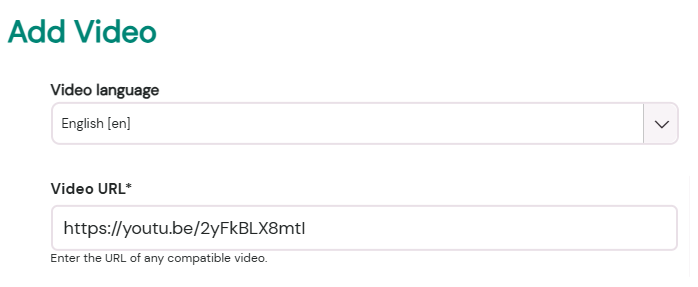 Add video window with an edited YouTube short URL in the Video URL field.