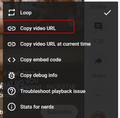 Black pop-up menu that appears when you right click on a YouTube video. "Copy video URL" selection is highlighted by a red box.