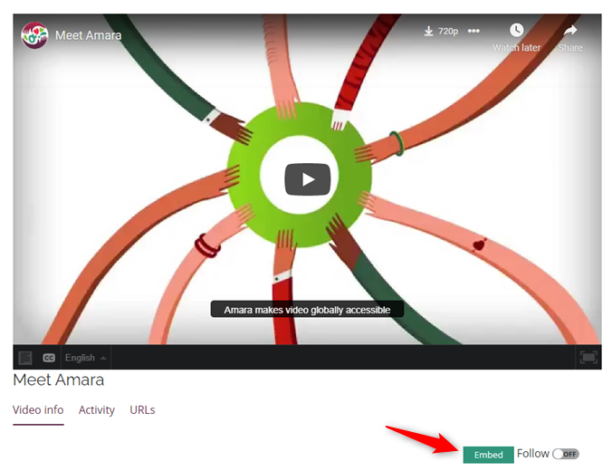 Image of the Embed button on the Video Info tab below a video.