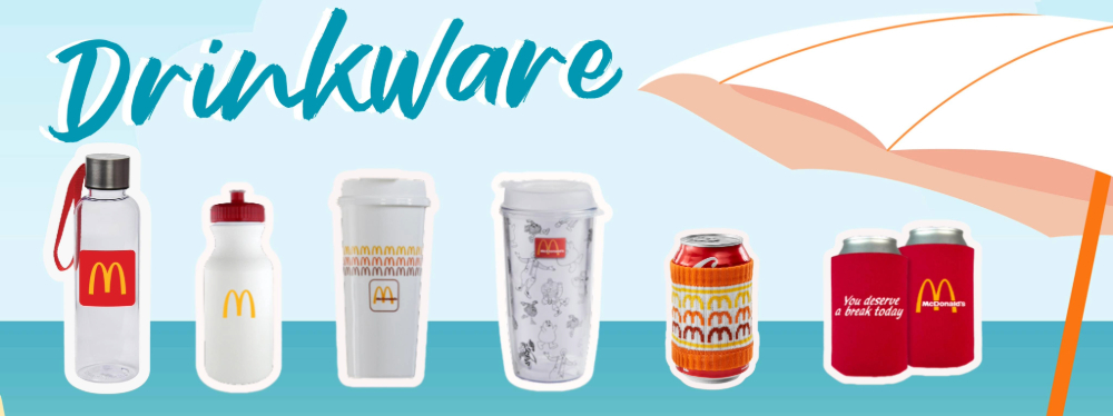 Banner announcing drinkware with various water bottles on display