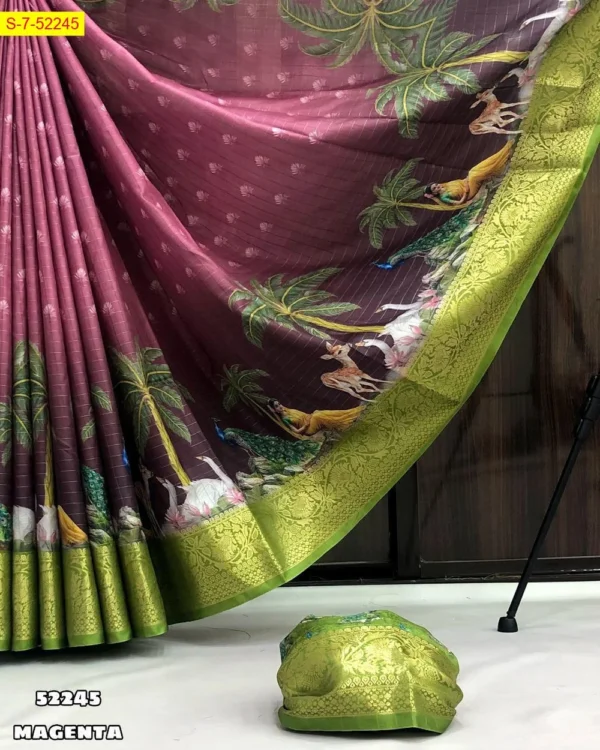 Kalamkari Digital Print Dola Silk Saree - Image 2