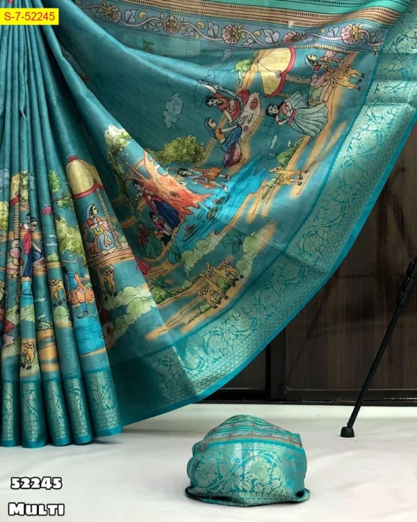 Kalamkari Digital Print Dola Silk Saree - Image 5
