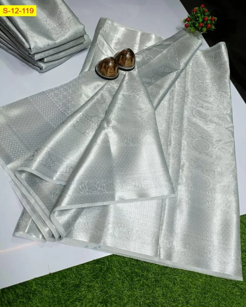 Silver Zari Banarasi Tissue Soft Silk Saree (One Side Big, One Side Small) - Image 2