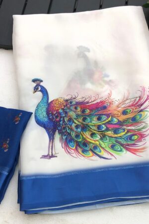 Moss Chiffon Sarees-(Peacock design)