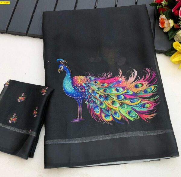 Moss Chiffon Sarees-(Peacock design) - Image 3