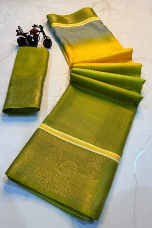 Copper Zari border adding a rich finish Mulmul Linen Silk Saree