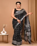 Pure Soft Linen Cotton Bagru Hand Block Printed Saree