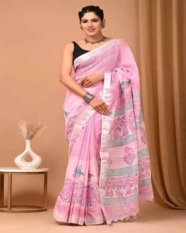 Pure Soft Linen Cotton Bagru Hand Block Printed Saree - Image 7