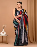Pure Soft Linen Cotton Bagru Hand Block Printed Saree