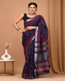 Pure Soft Linen Cotton Bagru Hand Block Printed Saree