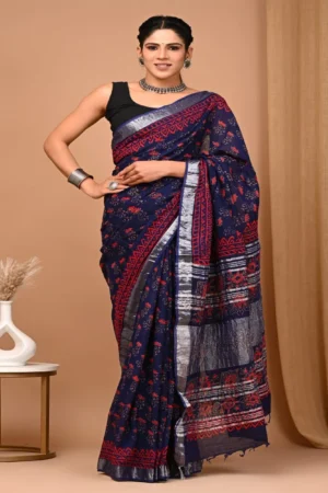 Pure Soft Linen Cotton Bagru Hand Block Printed Saree