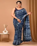 Pure Soft Linen Cotton Bagru Hand Block Printed Saree