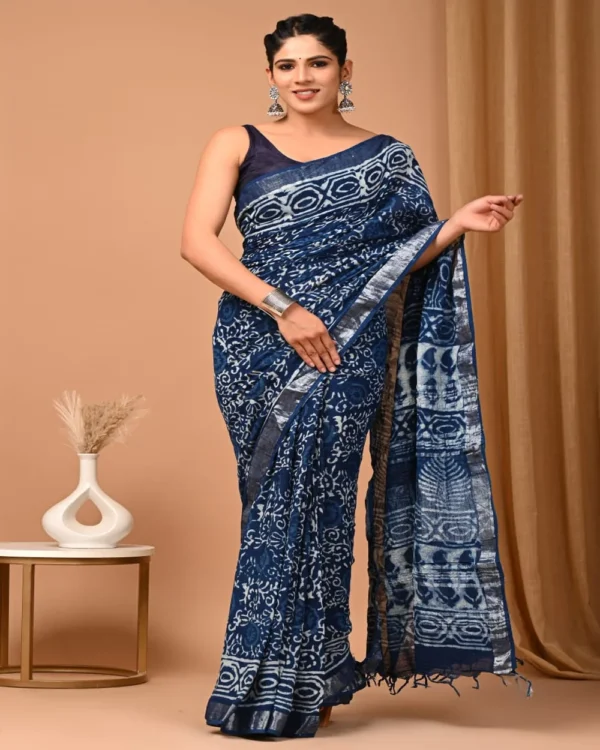 Pure Soft Linen Cotton Bagru Hand Block Printed Saree - Image 11