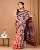 Pure Soft Linen Cotton Bagru Hand Block Printed Saree