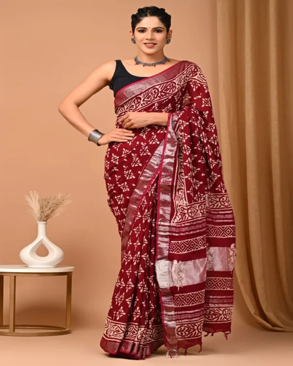 Pure Soft Linen Cotton Bagru Hand Block Printed Saree - Image 4