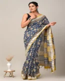 Pure Soft Linen Cotton Bagru Hand Block Printed Saree