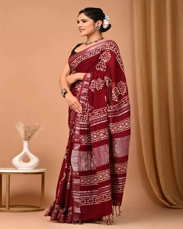 Pure Soft Linen Cotton Bagru Hand Block Printed Saree - Image 5