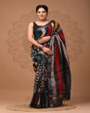Pure Soft Linen Cotton Bagru Hand Block Printed Saree