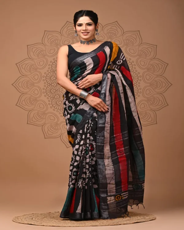 Pure Soft Linen Cotton Bagru Hand Block Printed Saree - Image 3