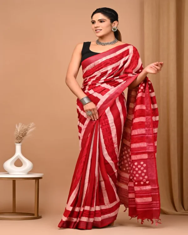 Pure Soft Linen Cotton Bagru Hand Block Printed Saree - Image 15
