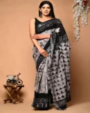 Pure Soft Linen Cotton Bagru Hand Block Printed Saree