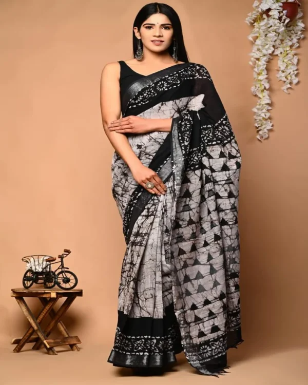 Pure Soft Linen Cotton Bagru Hand Block Printed Saree - Image 12