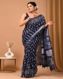 Pure Soft Linen Cotton Bagru Hand Block Printed Saree(New)