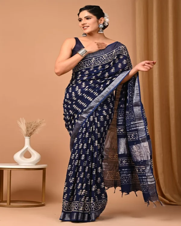 Pure Soft Linen Cotton Bagru Hand Block Printed Saree(New) - Image 12