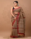 Pure Soft Linen Cotton Bagru Hand Block Printed Saree(New)