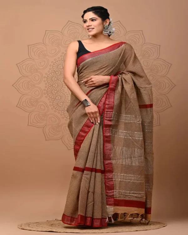Pure Soft Linen Cotton Bagru Hand Block Printed Saree(New) - Image 10