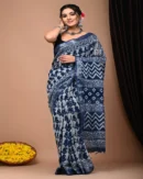 Pure Soft Linen Cotton Bagru Hand Block Printed Saree(New)