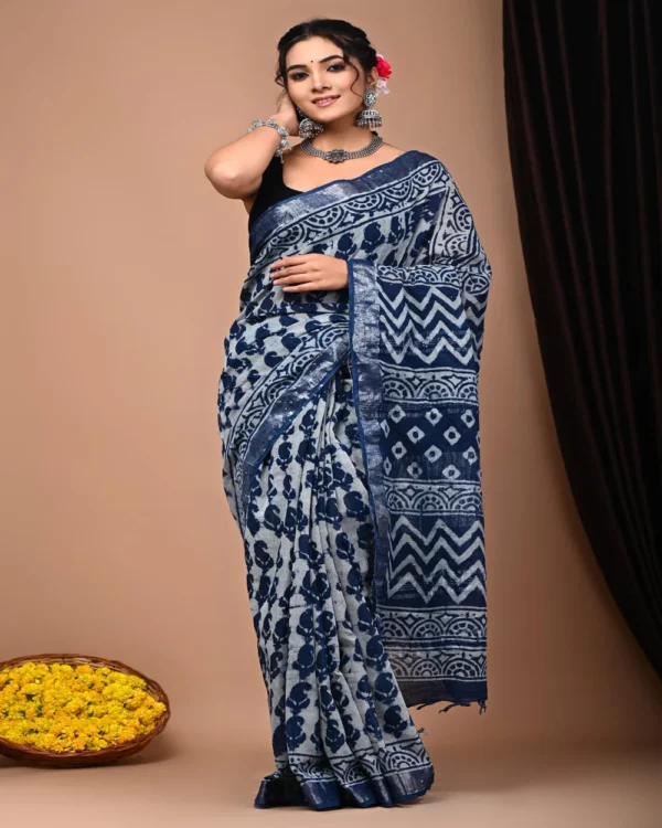 Pure Soft Linen Cotton Bagru Hand Block Printed Saree(New) - Image 7