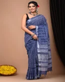 Pure Soft Linen Cotton Bagru Hand Block Printed Saree(New)