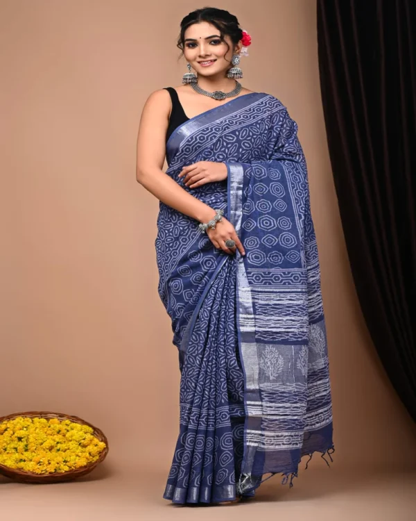 Pure Soft Linen Cotton Bagru Hand Block Printed Saree(New) - Image 2