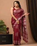 Pure Soft Linen Cotton Bagru Hand Block Printed Saree(New)