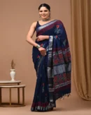 Pure Soft Linen Cotton Bagru Hand Block Printed Saree(New)