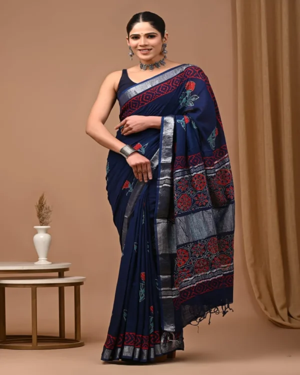 Pure Soft Linen Cotton Bagru Hand Block Printed Saree(New) - Image 3