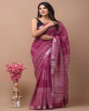 Pure Soft Linen Cotton Bagru Hand Block Printed Saree(New)