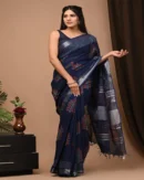 Pure Soft Linen Cotton Bagru Hand Block Printed Saree(New)