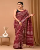 Pure Soft Linen Cotton Bagru Hand Block Printed Saree(New)