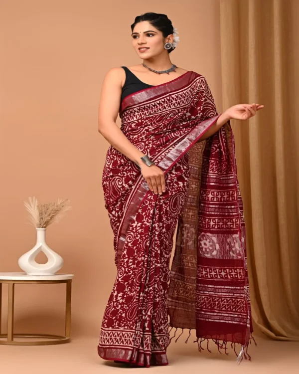Pure Soft Linen Cotton Bagru Hand Block Printed Saree(New) - Image 5
