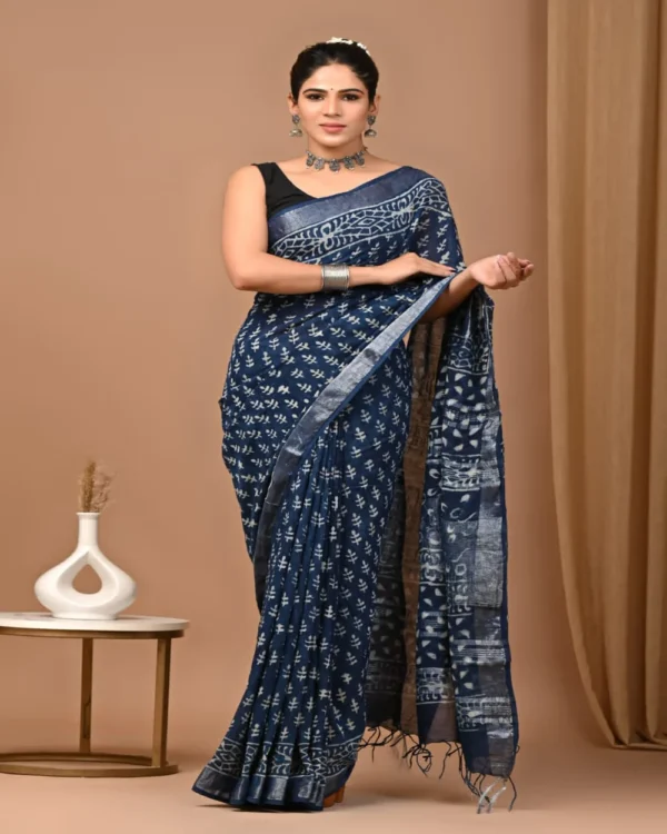 Pure Soft Linen Cotton Bagru Hand Block Printed Saree(New) - Image 14