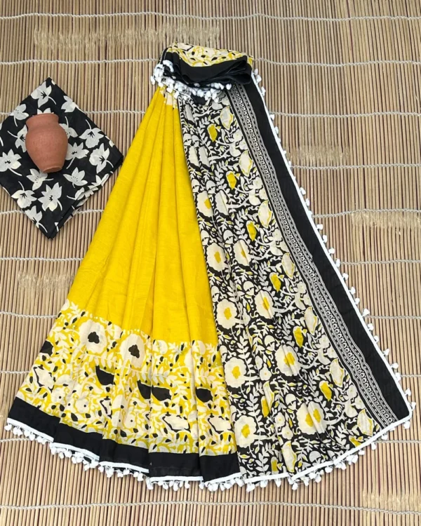 Pure Soft Cotton Mulmul Bagru Hand Block Printed Saree - Image 13