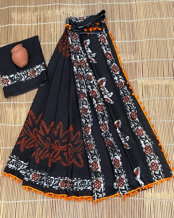 Pure Soft Cotton Mulmul Bagru Hand Block Printed Saree - Image 15