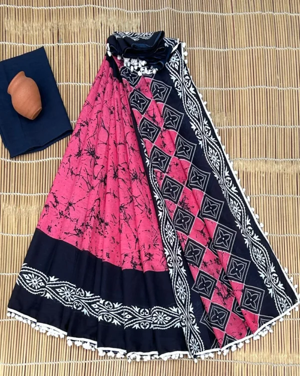 Pure Soft Cotton Mulmul Bagru Hand Block Printed Saree - Image 29