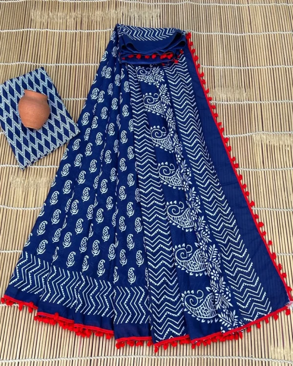 Pure Soft Cotton Mulmul Bagru Hand Block Printed Saree - Image 26