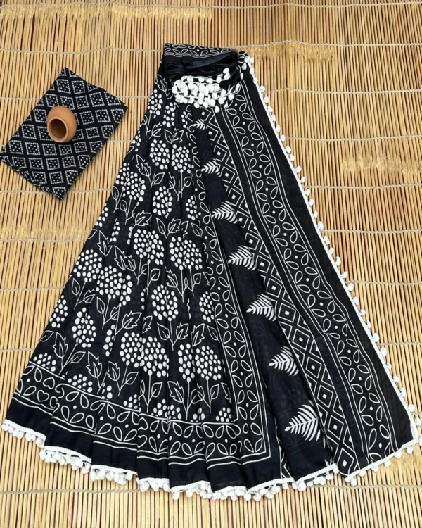 Pure Soft Cotton Mulmul Bagru Hand Block Printed Saree - Image 22